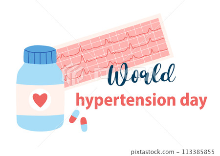 World Hypertension Day. Tablets and electrocoordiogram. Vector banner on the theme of hypertension. 113385855