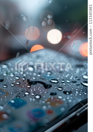 Close-up of a smartphone screen with raindrops visibly on the glass surface 113385861