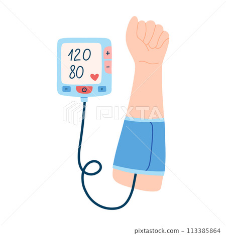 Blood pressure measurement. Electronic tonometer. Hypertension vector illustration isolated on white background. Blood pressure measurement. Electronic tonometer. Hypertension vector illustration isolated on white background. 113385864