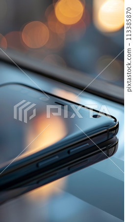 Close-up of a smartphone's edge showing part of the display and buttons, with a reflection 113385870