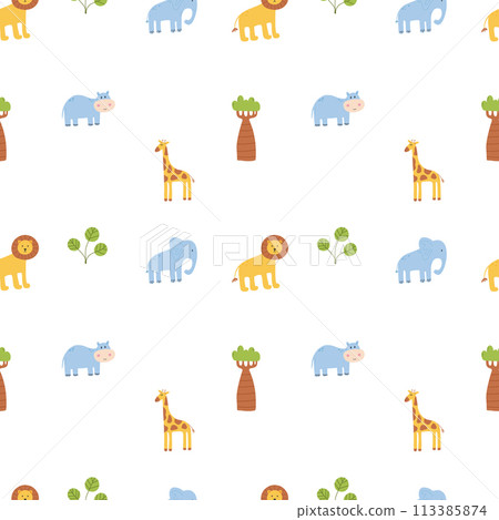 Seamless kids pattern with safari animals. Kids print with jungle animals. Vector illustration. Seamless kids pattern with safari animals. Kids print with jungle animals. Vector illustration. 113385874