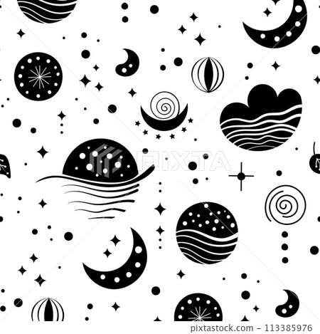 Seamless neo folk patterns with moon, cloud, sun and stars, black and white celestial design. Set Neo folk style endless backgrounds perfect for textile design. Seamless neo folk patterns with moon, cloud, sun and stars, black and white celestial design. Set Neo folk style endless backgrounds perfect for textile design. 113385976