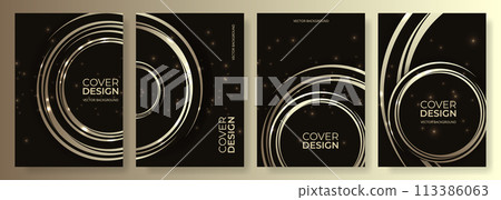 Black and gold abstract modern vertical background vector set with lights, golden circles and circular lines. 113386063