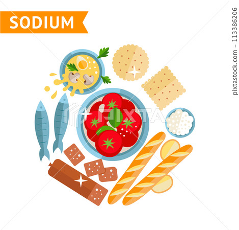 Set of different foods that contain sodium, used for info graphics, design templates, vector flat illustration 113386206