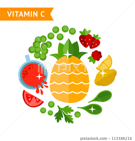 Set of food that contains vitamin C, used for info graphics, design templates, vector flat illustration 113386218