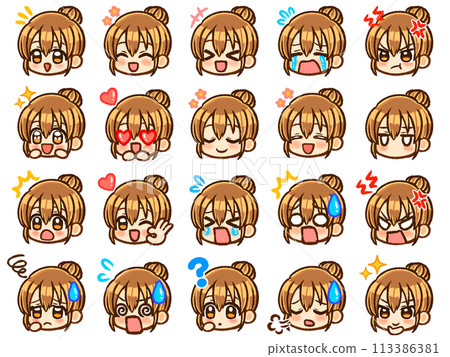 Brown hair bun hair girl chibi character face icon illustration material set 113386381