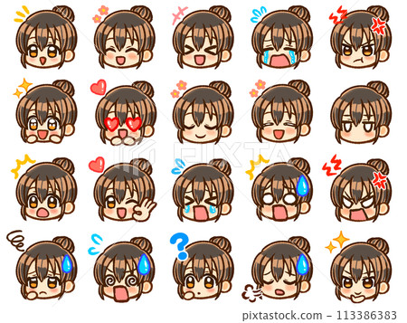 黑髮髻髮女孩赤壁人物臉圖示插畫素材集 113386383