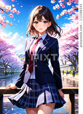 Cherry blossom season: High school girls in uniform 113386543