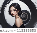 Black haired asian woman black background 113386653
