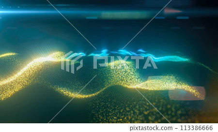 Rainbow energy magic digital futuristic waves with light rays lines and energy particles. Abstract background 113386666
