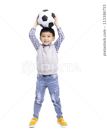 Happy asian Boy holding with football isolated on white background Happy asian Boy holding with football isolated on white background 113386755