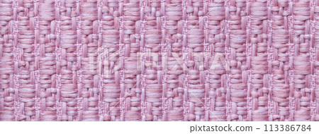 Texture of light lilac color background from woven textile material with wicker pattern, macro. 113386784