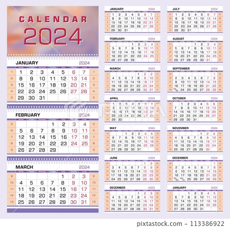 Calendar 2024. Wall quarterly calendar with week numbers. Week start from Monday. Ready for print, color - Black, Red, Peach, Purple. Vector Calendar 2024. Wall quarterly calendar with week numbers. Week start from Monday. Ready for print, color - Black, Red, Peach, Purple. Vector 113386922