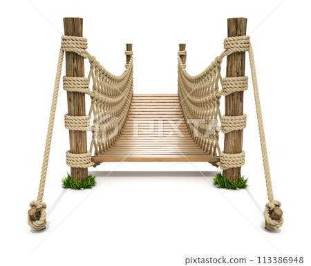 Front view of rope suspension bridge on white background - 3D illustration 113386948