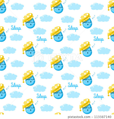 Seamless vector pattern with cute sleeping drop in nightcap among clouds and lettering sleeping. Pattern on white . 113387140