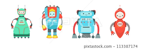 Cute Little Robot with Metal Parts Vector Set 113387174