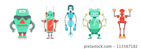 Cute Little Robot with Metal Parts Vector Set Cute Little Robot with Metal Parts Vector Set 113387182