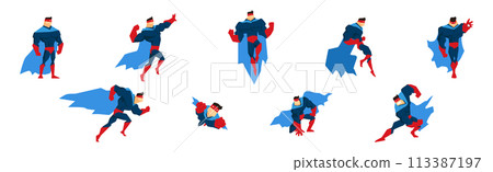 Muscular Man Superhero Character in Red and Blue Suit in Different Pose Vector Set Muscular Man Superhero Character in Red and Blue Suit in Different Pose Vector Set 113387197
