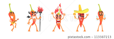 Chili Pepper Funny Character with Emotion Vector Illustration Set 113387213
