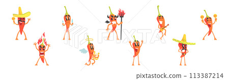 Chili Pepper Funny Character with Emotion Vector Illustration Set 113387214