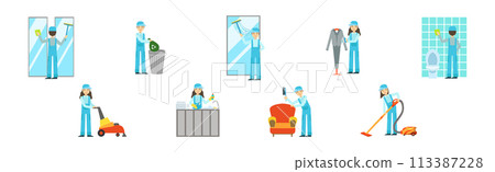 Cleaning Service with Professional Man and Woman Worker Character Vector Set 113387228