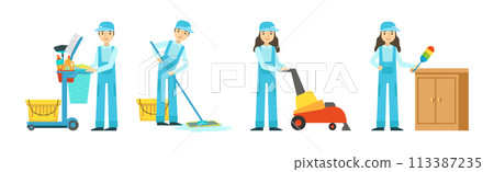 Cleaning Service with Professional Man and Woman Worker Character Vector Set 113387235