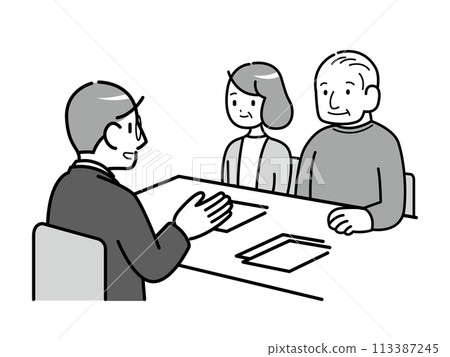 一對年長夫婦接受商人解釋的單色插圖 113387245