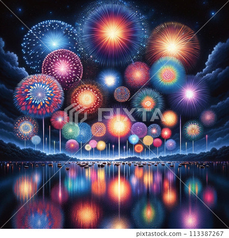 Vibrant fireworks reflected on the water Vibrant fireworks reflected on the water 113387267