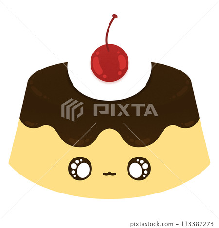 Cute Pudding Mascot Character Kawaii Cartoon illustration Sweet Cartoon Dessert Cartoon Kawaii Pudding Mascot Pudding Happy Pudding Pudding With Topping Whipped Cream And Cherry Fruit Cartoon 113387273