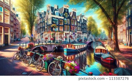 European cityscape, Dutch canals and bicycles European cityscape, Dutch canals and bicycles 113387276