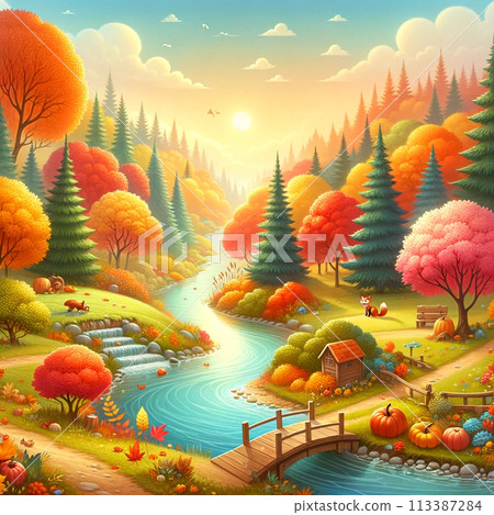 色彩繽紛的秋天風景,秋葉和溪流 色彩繽紛的秋天風景,秋葉和溪流 113387284