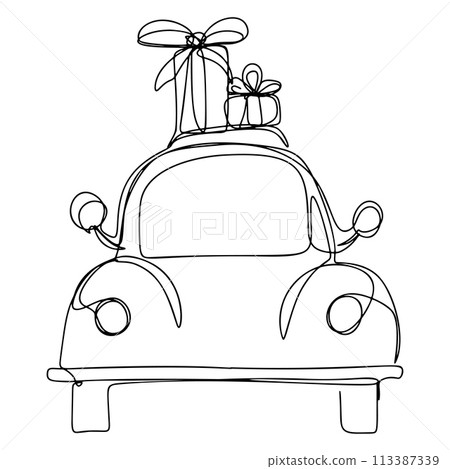 One Line Car with Gifts Continuous Line Drawing 113387339