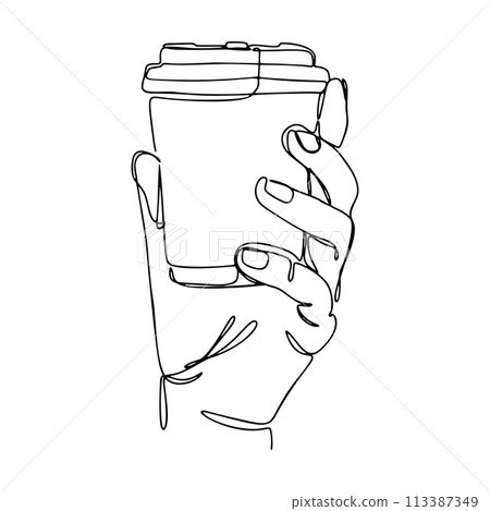 One Line Hand Holding Paper Cup of Coffee Hand Drawn Illustration 113387349