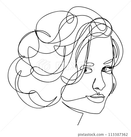 One Line Woman Face, Female Head Continuous Illustration 113387362