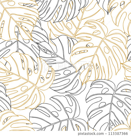 Palm Monstera Leaves gold and black line sketch hand drawn seamless pattern 113387366