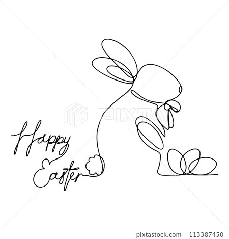 One Continuous Line Happy Easter Bunny and Eggs 113387450