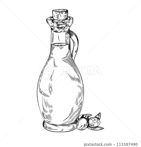 Olive Oil Bottle Sketch Hand drawn Illustration with Olives and leaves 113387490