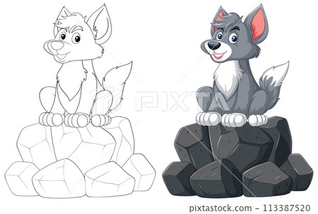 Cheerful Cartoon Wolf on Rocks 113387520