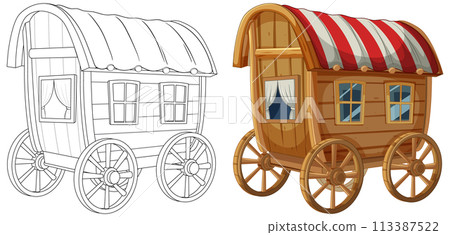 Colorful Vintage Wooden Caravan Illustration 113387522