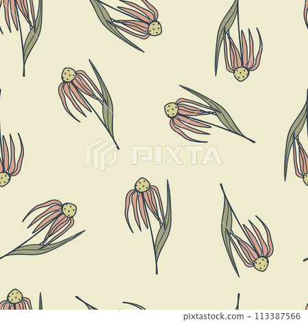 Retro Floral Sketch Hand Drawn Flower Seamless Pattern 113387566