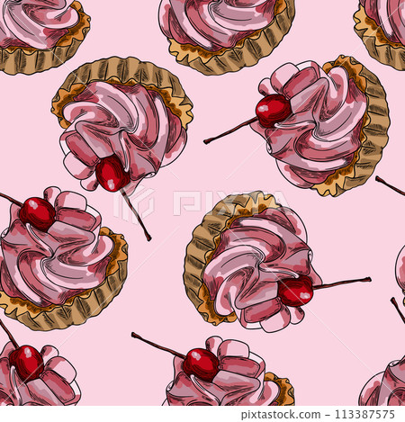Sweet Dessert with Cream and Cherry Sketch Hand Drawn Seamless Pattern Sweet Dessert with Cream and Cherry Sketch Hand Drawn Seamless Pattern 113387575