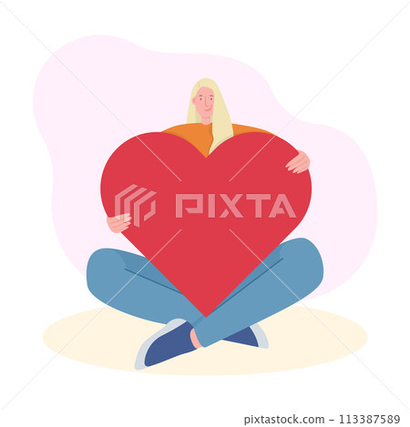 Woman holding big Heart, Valentine's Day Flat Concept Vector Modern Cartoon Illustration Woman holding big Heart, Valentine's Day Flat Concept Vector Modern Cartoon Illustration 113387589