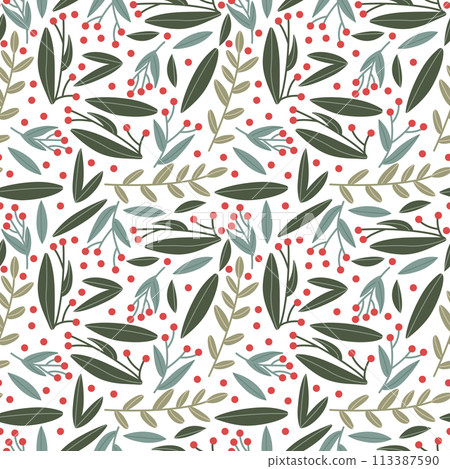 Green Leaves and Red Berries Winter Christmas Seamless Pattern 113387590
