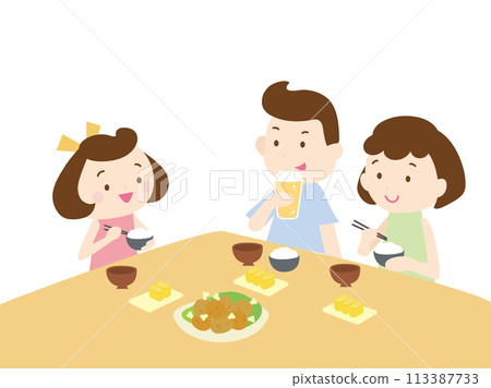 一家三口享受美食的插畫 113387733