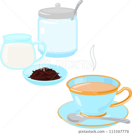 Milk tea ingredients: tea leaves, milk, sugar Milk tea ingredients: tea leaves, milk, sugar 113387778