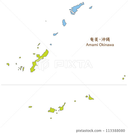 A simple and cute map of Okinawa Prefecture and Amami, an overview including remote islands, simplified 113388080