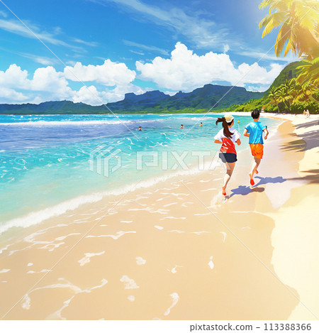 People running along the beach side of a southern island under the blue sky 113388366