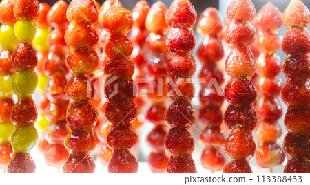 Tanghulu stawberry fruits candy on stick coating with sugar caramel glaze chinese menu 113388433