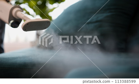 Cleaner washing green sofa with steamer at home closeup Cleaner washing green sofa with steamer at home closeup 113388599