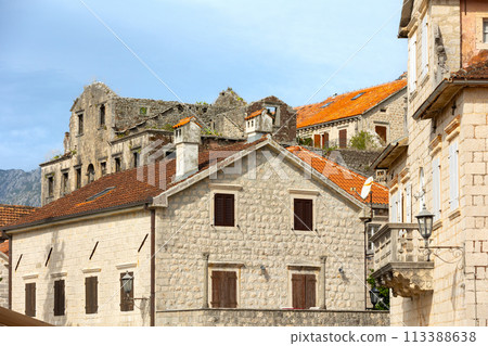 Houses of Perast, Montenegro and flowers Houses of Perast, Montenegro and flowers 113388638